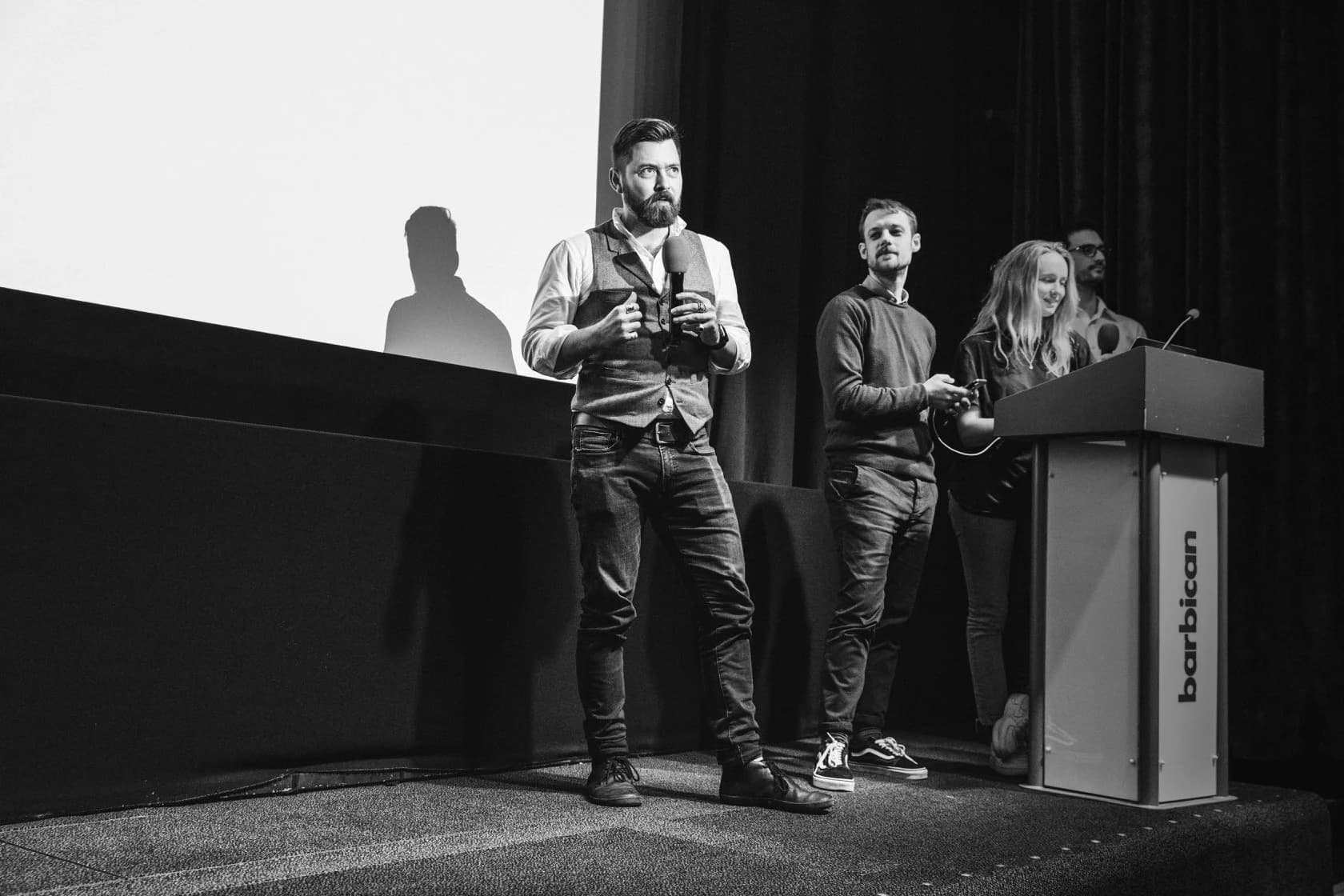 Jack Harris speaking at a SaaS product launch at the Barbican.